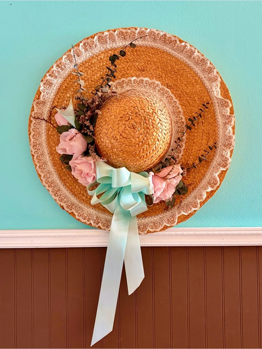 Handmade Farmhouse Rustic Straw Sun Hat with Pink Flowers & Mint Bow